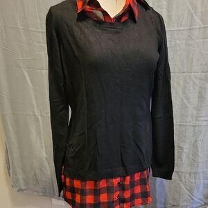 Adrianna Papell Black and Red Plaid Layered Top